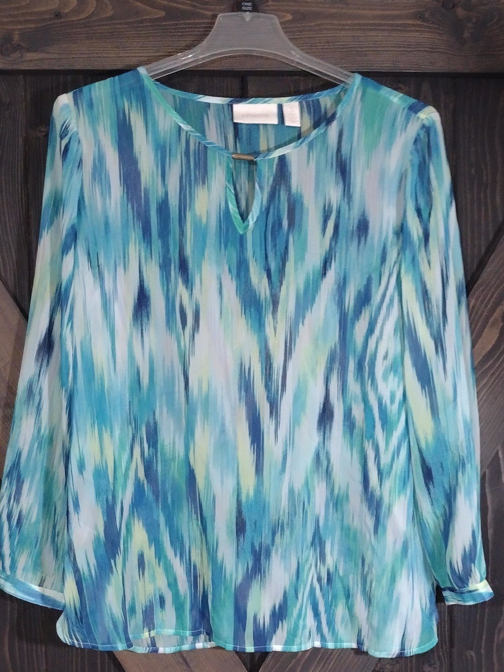 Chico's Aqua and Navy Patterned Tunic Blouse Sz 3